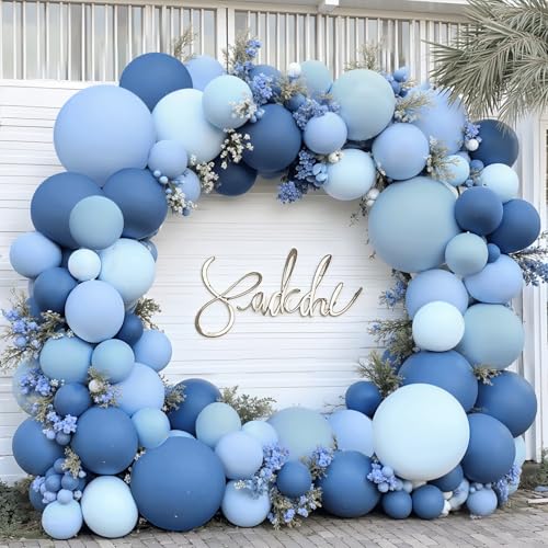 Image of Zesliwy Dusty Blue Balloons Arch Kit, Double Stuffed, Latex, Party Decor | Dark Denim Blue, Light Pastel Blue Balloon Garland,for Birthday Wedding Baptism Graduation Gender Reveal Decoration