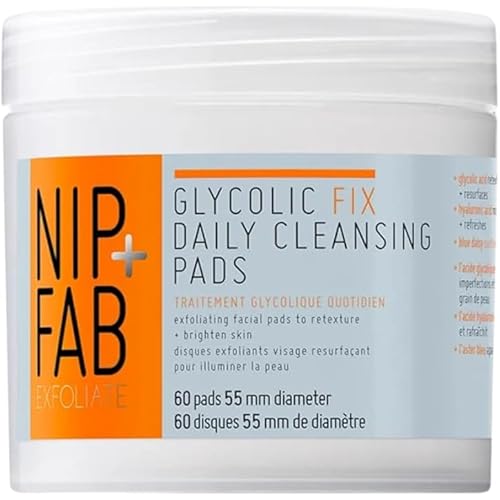 Nip + Fab Glycolic Acid Fix Daily Cleansing Pads for Face with Hyaluronic Acid, Witch Hazel, Exfoliating Resurfacing AHA Facial Cleanser for Exfoliation Even Skin Tone Brighten Skin, 60 Pads