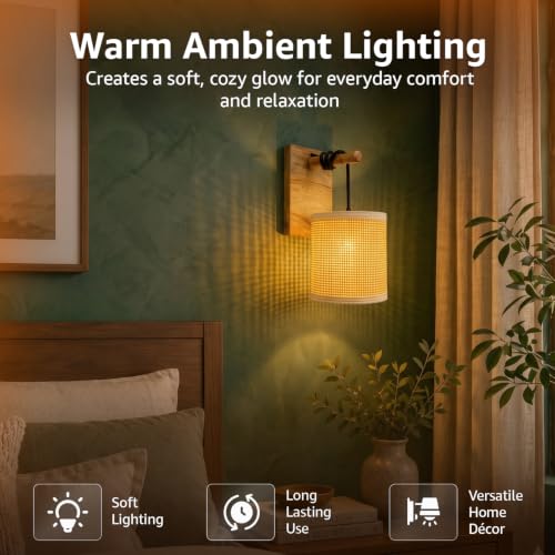 Image of Amazon Basics Rattan Light Weave Wall Lamp | Natural Rattan Shade with Wooden Bracket | E14 Holder | Decorative Wall Light for Bedroom, Living Room, Hallway & Home Decor