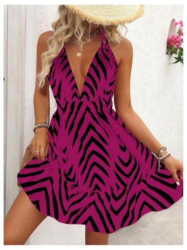 Image of SweatyRocks Women's Printed Tie Backless Mini Dresses Ruffle A Line Sleeveless Low Cut Halter Dress