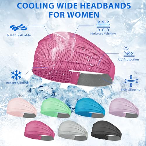 Sukeen Wide Headbands for Women, Instant Cooling Elastic Non-Slip Workout Headbands, Moisture-Wicking Sports Sweatbands for Gym, Yoga, Running, Fitness, 4 Pack, Black/Gray/Blue/Rose Red