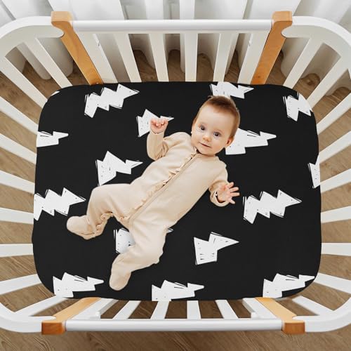 Image of Fitted Crib Sheets Doodle White Lightning Bolt Stretchy Portable Playard Sheets for Baby Toddler, Breathable Soft Mini Crib Mattress 39 x 27 in for Boys and Girls