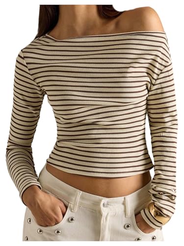Image of RoseSeek Women's Striped Off The Shoulder Tops Long Sleeve Elegant Tshirts