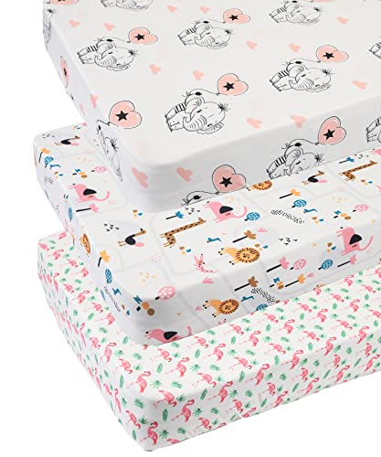 Tontukatu Pack n Play Sheet Stretchy Fitted Portable Mini Crib Sheets Set 3 Pack,Playard Sheets Convertible Playard Mattress Cover,Ultra Soft Jersey Material,Flamingo Elephant & Lion