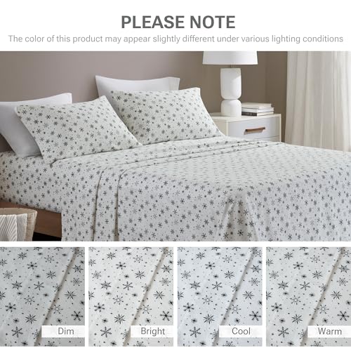 Image of Sleep Philosophy True North Flannel Sheets Queen Size, Cozy 100% Cotton Flannel Bed Sheets, Ultra Soft Cute Sheet Set, Novelty Print Themed Cold Weather Warm Bedding Set, Black Snowflakes, 4 Piece