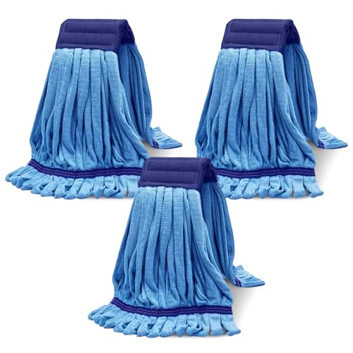 Heavy Duty Commercial Mop Head Replacement Microfiber Tube Mop Heads for Floor Cleaning: 3 Packs Looped End Wet Mop Head Refill for Home Commercial Industrial Use (Blue)
