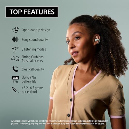 Image of Sony LinkBuds Clip Open-Ear Truly Wireless Earbuds, Comfortable & Secure Fit, Lightweight Clip-On Design, Touch Controls, Ambient Sound Awareness, Water Resistant, Up to 37 Hrs of Playback, Greige | Open-Ear Clip-on Design, Air Fitting Cushions for Secure, All-Day Comfort, Tap-to-Switch 3 Listening Modes