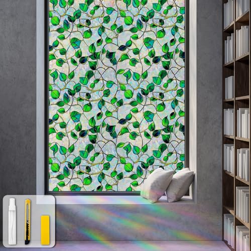 Window Privacy Film Stained Glass Decorative Static Clings Rainbow Window Tint for Home Room Decor Bathroom Door Car Stickers with Iridescent Effect, Removable(Blue & Green pothos Botanical)