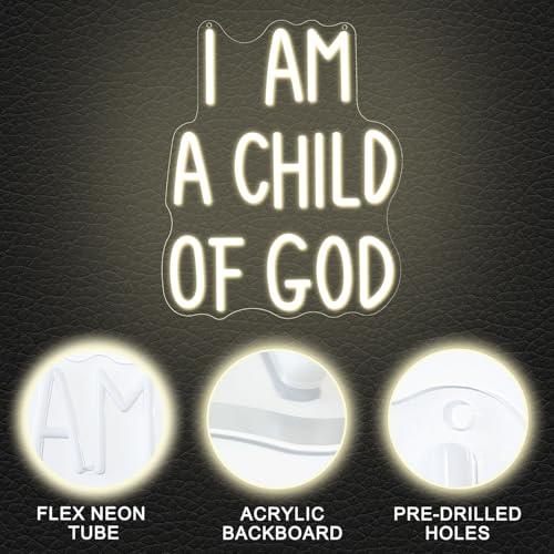 Image of I Am a Child of God Neon Sign Dimmable Neon Signs for Wall Decor LED USB Light Up Sign for Christian Wall Art Baptism Gifts Jesus Room Decor Toddler Little Girl Playroom Nursery Bedroom Classroom