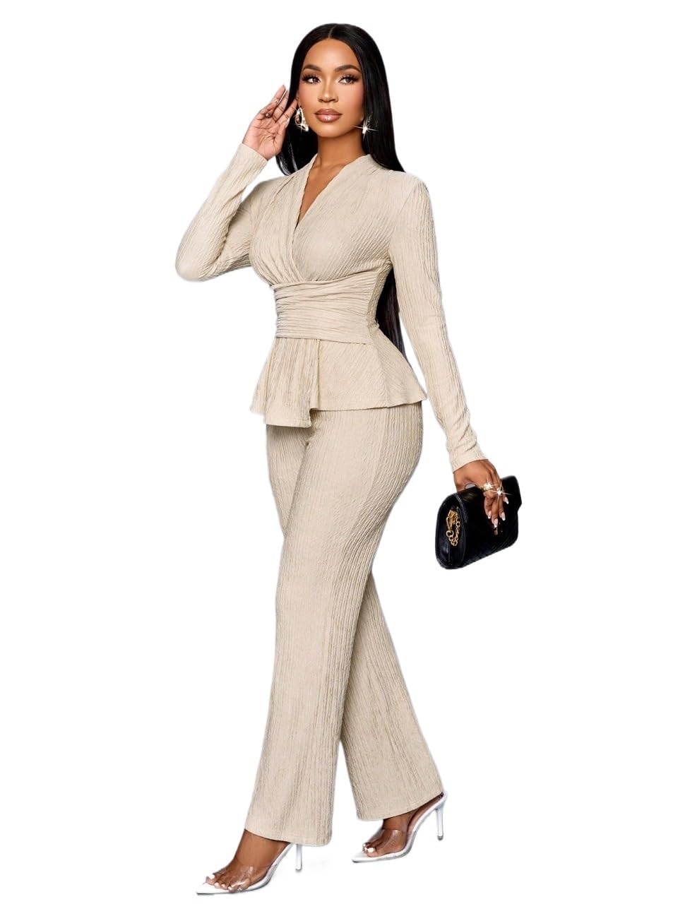 Womens 2 Piece Lounge Set V Neck Long Sleeve T-Shirt And Wide Leg Pants Small
