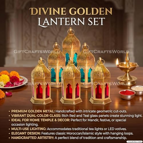 Image of Moroccan Lanterns & Candle Holders for Home Decor - Unique Diwali & Christmas Gifts (Red - Blue, Set of 6)