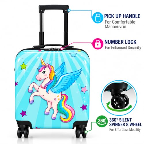 Image of Kids Carry On Luggage with Wheels,18-inch Hard Shell Suitcase Lightweight Toddler Rolling Trolly with Retractable Handle,Durable Hardside Spinner Trolly for Airplane Travel (Blue Unicorn)