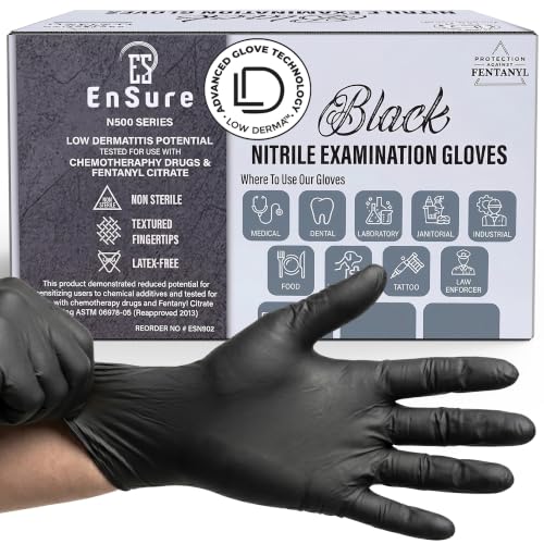 Image of Ensure Black Nitrile Gloves Medical Latex Free Low Dermatitis Gloves 5 Mil | 10 Inch Disposable Nitrile Gloves, Latex & Powder Free, Chemo-Rated, Puncture Resistant, For Medical, Food Service, Cleaning