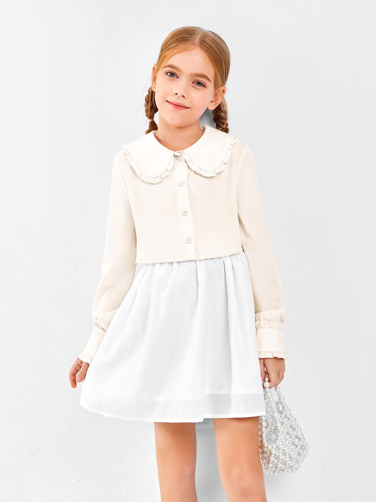 Haloumoning Camisa clásica de manga larga con botones y cuello de muñeca para niñas, blusa suave