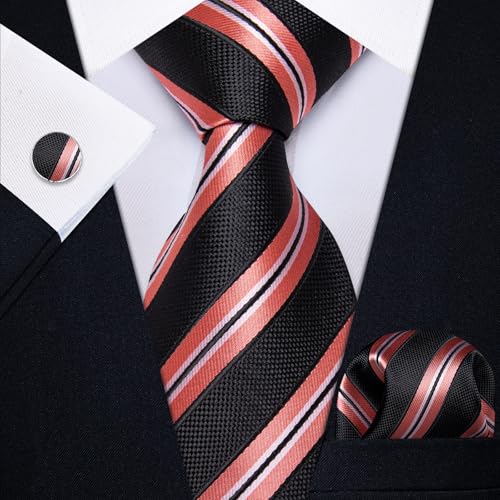 Image of YourTies Striped Ties for Men Classic Woven Silk Necktie with Handkerchief Cufflinks Set Formal Business Party Wedding