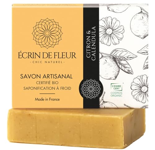 Écrin de Fleur - Jabón Artesanal Ecológico de Limón y Caléndula, para el Lavado de los Manos, Cara y Cuerpo de Hombres y Mujeres, sin Productos Químicos, sin Aceite de Palma, 1x90g