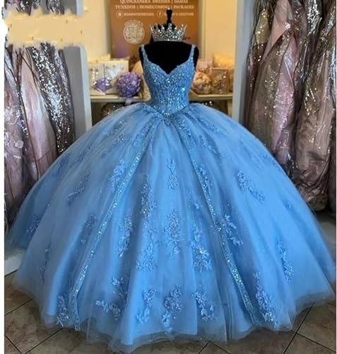 Women's Sweetheart Quinceanera Dresses Ball Gown Spaghetti Straps Lace Applique Sweet 16 Dresses for Teens2