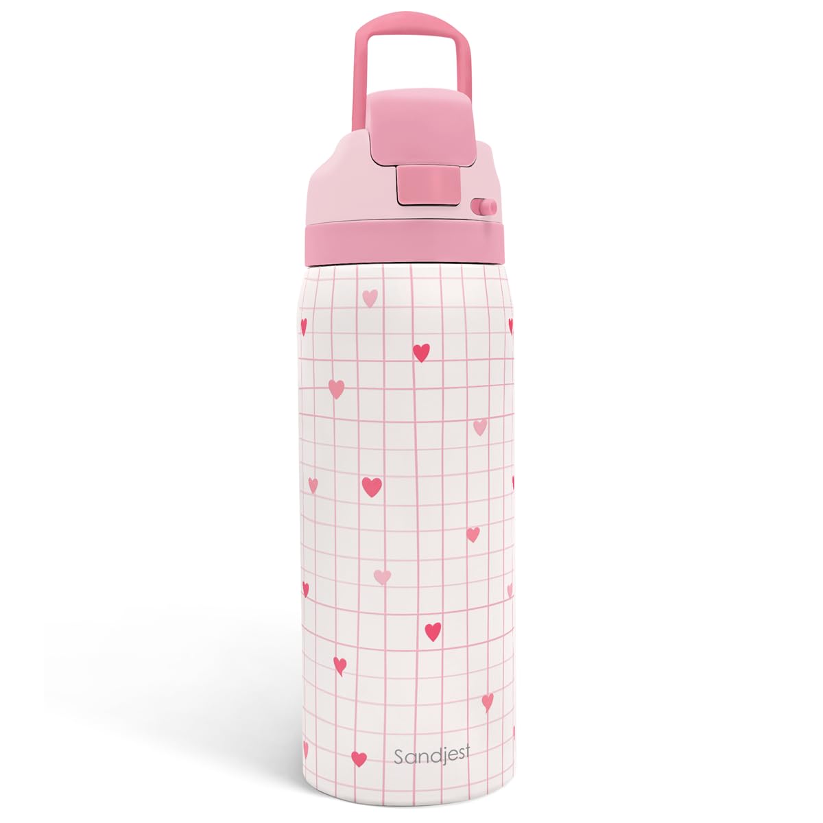 Heart Insulated Stainless Steel Water Bottle with Straw for Sports and Travel, 32oz, Gifts for Women Girls Friends Teens Birthday Christmas (Grid Background)