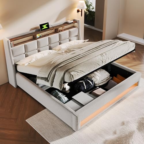 LAKFEW Camas Matrimoniales Cama 140x200 cm con USB y LED, Cama Matrimonio Tapizada con Almacenamiento Hidráulico y Estante Abierto, Camas Juveniles con Estructura de Metálica, Beige, Sin Colchón