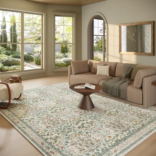 Image of Washable Area Rug 8x10 - Vintage Floral Living Room Rug for Dining Room (Under Table), Bedroom - Stain Resistant, Soft Low Pile, Non-Slip Large Carpet