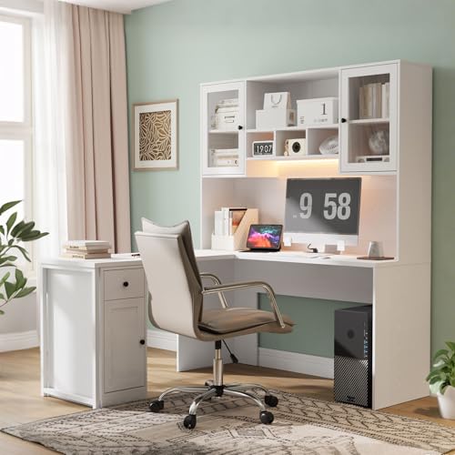 TUSY Reversible L Shaped Desk with Bookshelves & Storage Cabinet, 53“ Corner Desk with LED, White Computer Desk with Hutch, Home Office Desk with Drawers for Small Space, Craft Desk with Storage