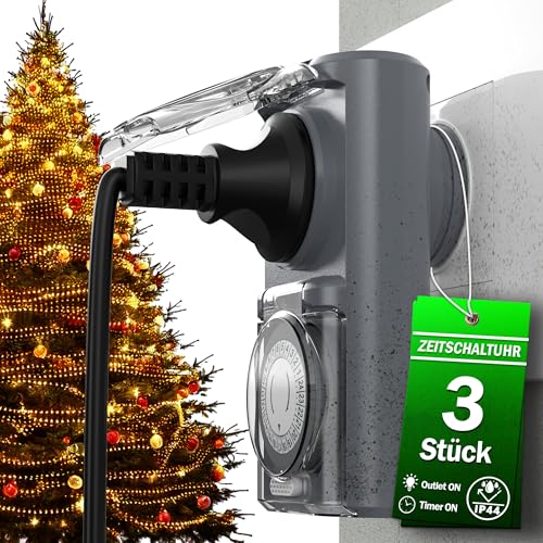 4smile Zeitschaltuhr Aussenbereich, 3er Set- Mechanische IP44 Zeitschaltuhr Steckdose Outdoor, hohe Schaltleistung - Zeitschalter analog außen, einfach bedienbar, Grau