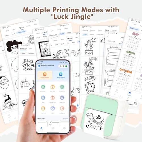 Image of Mini Pocket Printer for iPhone /Android, Portable Mini Sticker Printer with 10 Rolls Non-Sticky Thermal Papers, Blue-Tooth Thermal Label Maker for Journal Memo Notes Photo Study, Green