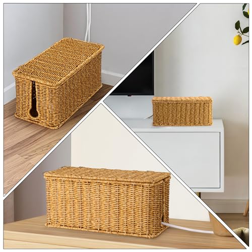 Image of ZhiYo Rattan Cable Management Box, Cord Organizer, Nature, 13.5 inchx6.2 inchx6 inch | Handwoven imitation rattan cord hider box conceals power strips and cables for a clean desk or floor setup