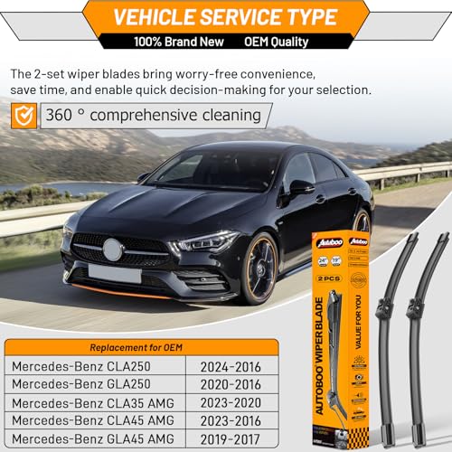 Image of AUTOBOO Windshield Wiper Blade Replacement for Benz CLA250 GLA250 CLA45 | Fits Mercedes-Benz CLA250 GLA250 CLA45 GLA45 AMG 2016-2024, 24 inch+19 inch, 2-pack, OEM quality, easy install