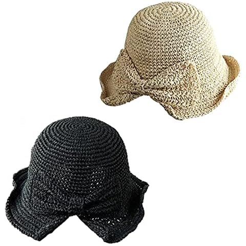2 Pack Foldable Wide Brim Floppy Straw Sun Hat Summer Beach Hat for Women Girl, Black & Beige, One Size Cover