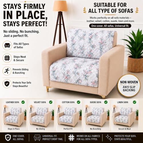 Image of Homerz Premium Printed Quilted Velvet Sofa Slip Cover Protector with Tassels, Sofa Mat, Exact Size, Antislip Cover (Grey Autumn, 1 Seater, Full)