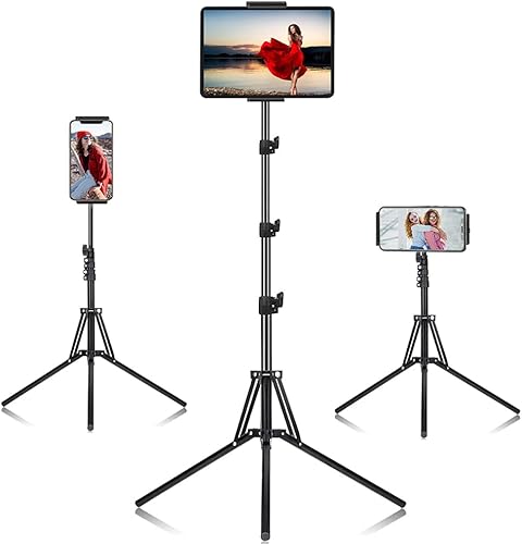 Soporte de trípode para iPad, con soporte para iPad de 65 pulgadas de altura ajustable y soporte de piso para iPad con soporte de trípode giratorio