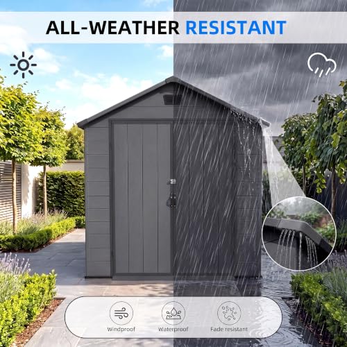 Image of Greesum 6x10FT Plastic Storage Shed with Floor, Resin Outdoor Storaged Sheds with Lockable Double Door, Window and Vents, All-Weather Tool Sheds for Patio, Garden, Backyard, Dark Gray