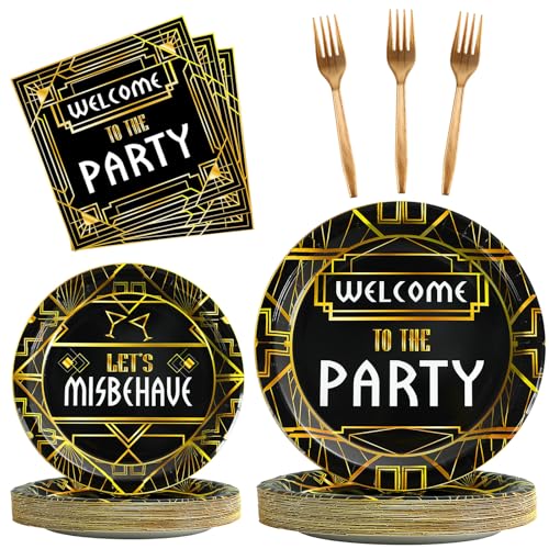 Image of 100 Pcs Roaring 1920s Party Decorations, Speakeasy Misbehave Black Gold Birthday Party Decors Art Decor Retro Murder Mystery Party Supplies for 1920s Vintage Flapper Wedding Supplies Serve 25