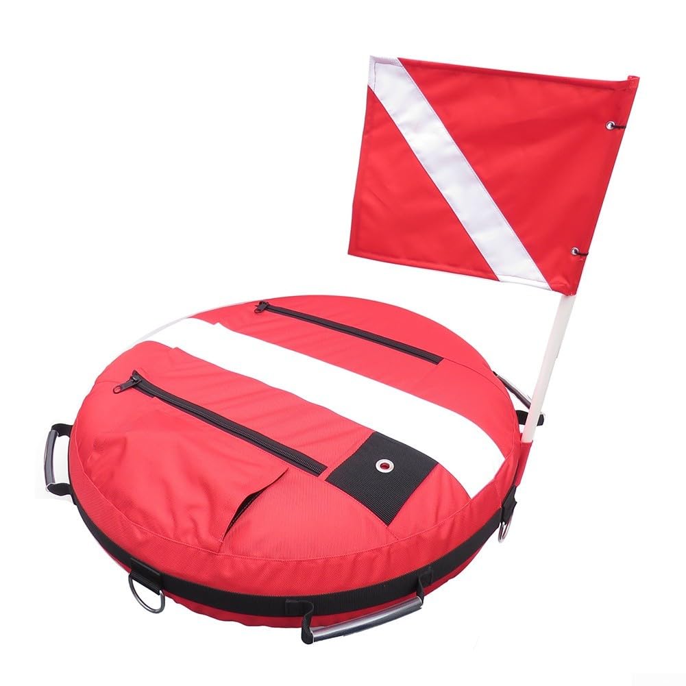 Boya de seguridad inflable para buceo libre y buceo con nailon recubierto, válvula de alivio de sobrepresión y cinco anillos de fijación de acero inoxidable (rojo)