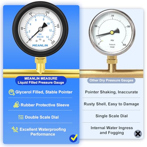 Image of MEANLIN MEASURE 0~200Psi Stainless Steel Liquid Filled Pressure Gauge 1 /4 inch NPT 2.5 inch FACE DIAL with Rubber Protective Sleeve, Lower Mount