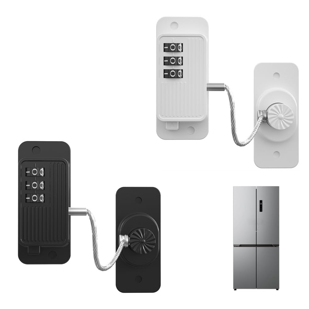 2 Pcs Refrigerator Lock with Password, Adhesive Home Security Lock Petproof Window Restrictor for Kitchen Cabinets Drawers Closets Freezer (Black & White)