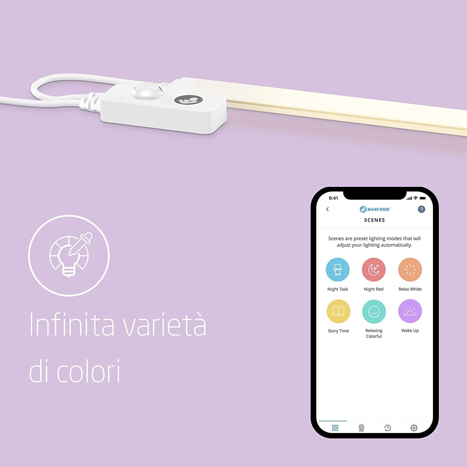 Maxi-Cosi Glow Luce Notturna bambini, luce intelligente dimmerabile multicolore con rilevatore di movimento, attivabile tramite app o comando vocale, compatibile con Amazon Alexa e Google Home