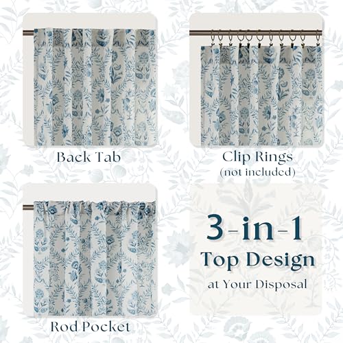 Image of Blue Floral Linen Curtains Patterned Semi Sheer 63 Inch Length 2 Panels Set