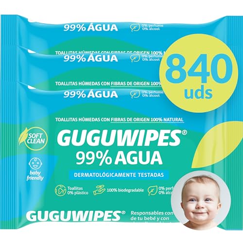 Guguwipes Toallitas húmedas para bebé 99% agua sin plástico - 840 uds (pack 60x14) - Fibras origen 100% natural