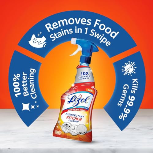 Image of Lizol Kitchen Cleaner Spray - 450ml (Pack of 2) + 1 Free Scotch-Brite Sponge Wipe & Lizol Disinfectant Surface & Floor Cleaner Liquid, Citrus - 1 Litre