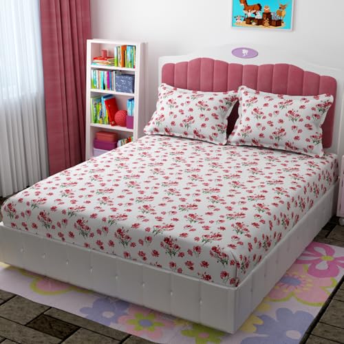Image of Ezyption Cotton Super Soft 240 TC Elastic Fitted All Around Elastic Printed King Size Double Bed Bedsheet with 2 Pillow Cover 72 inch X 78 inch Red White