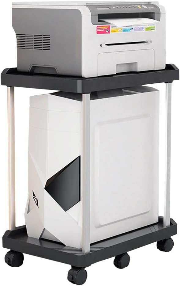 xify's 2-Tier Computer Tower Stand Mobile CPU Printer Stand with 6 Caster Wheels for Home Office, Fits PC & Server, Under Desk Organizer Shelf, Black, 20.87 * 11.81 * 17.72 Inches