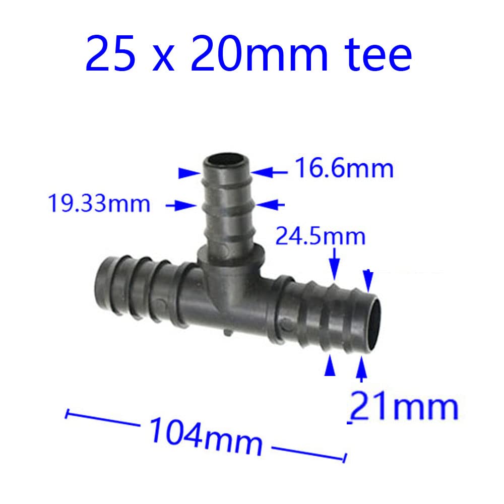 25 Conectores reductores de Manguera de PE for jardín de 25 mm, 20 mm y 16 mm, Divisor de Agua de 3/4 y 1/2 Pulgadas, Accesorios de riego for jardín.(25 to 20MM)