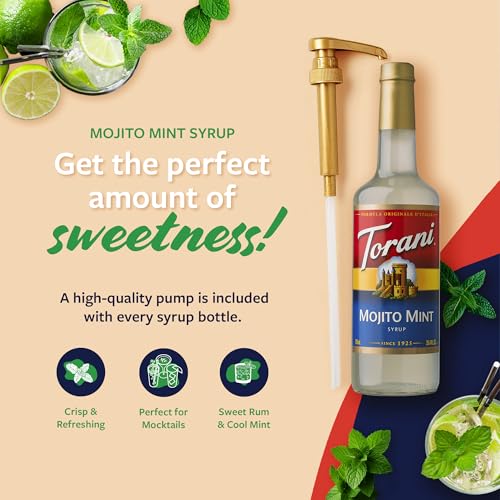 Image of Torani Mojito Mint Syrup for Drinks, Flavoring for Lemonade, Sodas, and Mocktails, Glass Bottle with Pump Included, 25.4 Fl Oz
