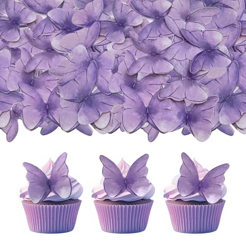 52 pieces edible wafer paper butterfly cake decoration, suitable for weddings, birthdays, Christmas parties to decorate cookies, donuts, cocktails, cupcake tops (Watercolor purple)
