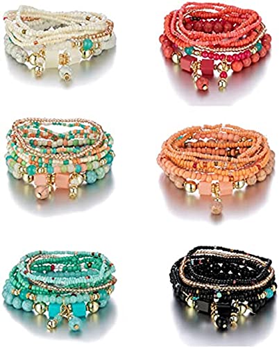 6 Sets Bohemian Stackable Bead Bracelets Multilayered Stretch Bracelet Multicolor Jewelry Sets Boho Pendant Charm Bangles Bracelet Handmade Tassel Strand Bracelet for Women
