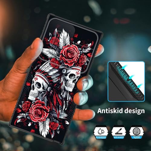 wiaekosef for Galaxy S24 Ultra Case Built in Slide Camera Lens Cover,Heavy Duty Shockproof Protection Dual Layer Case for Samsung Galaxy S24 Ultra 6.8" 2024,Skull Art with Feathers and Roses - image 5