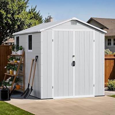 Patiowell 6X8 FT Plastic Outdoor Storage Shed with Floor, Resin Tool Sheds with Lockable Door and Window, Weather-Resistant Garden Shed, Easy Assembly for Backyard, Patio, Light Gray