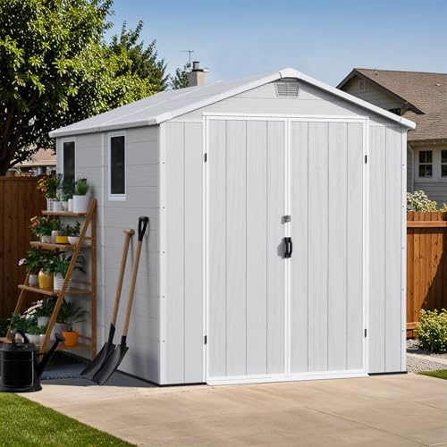Image of Patiowell 6X8 FT Plastic Outdoor Storage Shed with Floor, Resin Tool Sheds with Lockable Door and Window, Weather-Resistant Garden Shed, Easy Assembly for Backyard, Patio, Light Gray